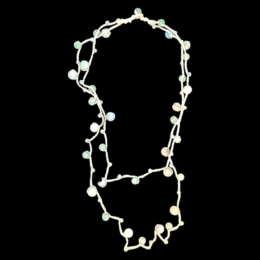 Seafoam Green White Beaded Layered Necklace 2-Strand Boho‎ Beach Rope Jewelry
